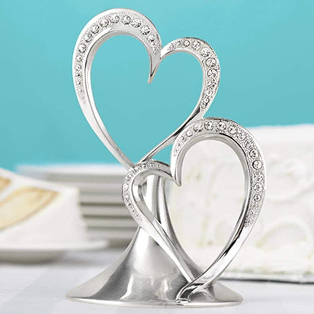 Silver Double Heart Rhinestone Wedding Cake Topper