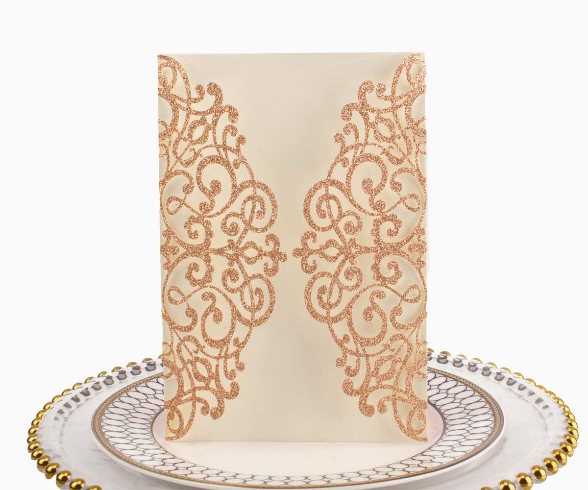 Light Gold Glitter Laser Cut Wedding Invitation Covers 50 Pack