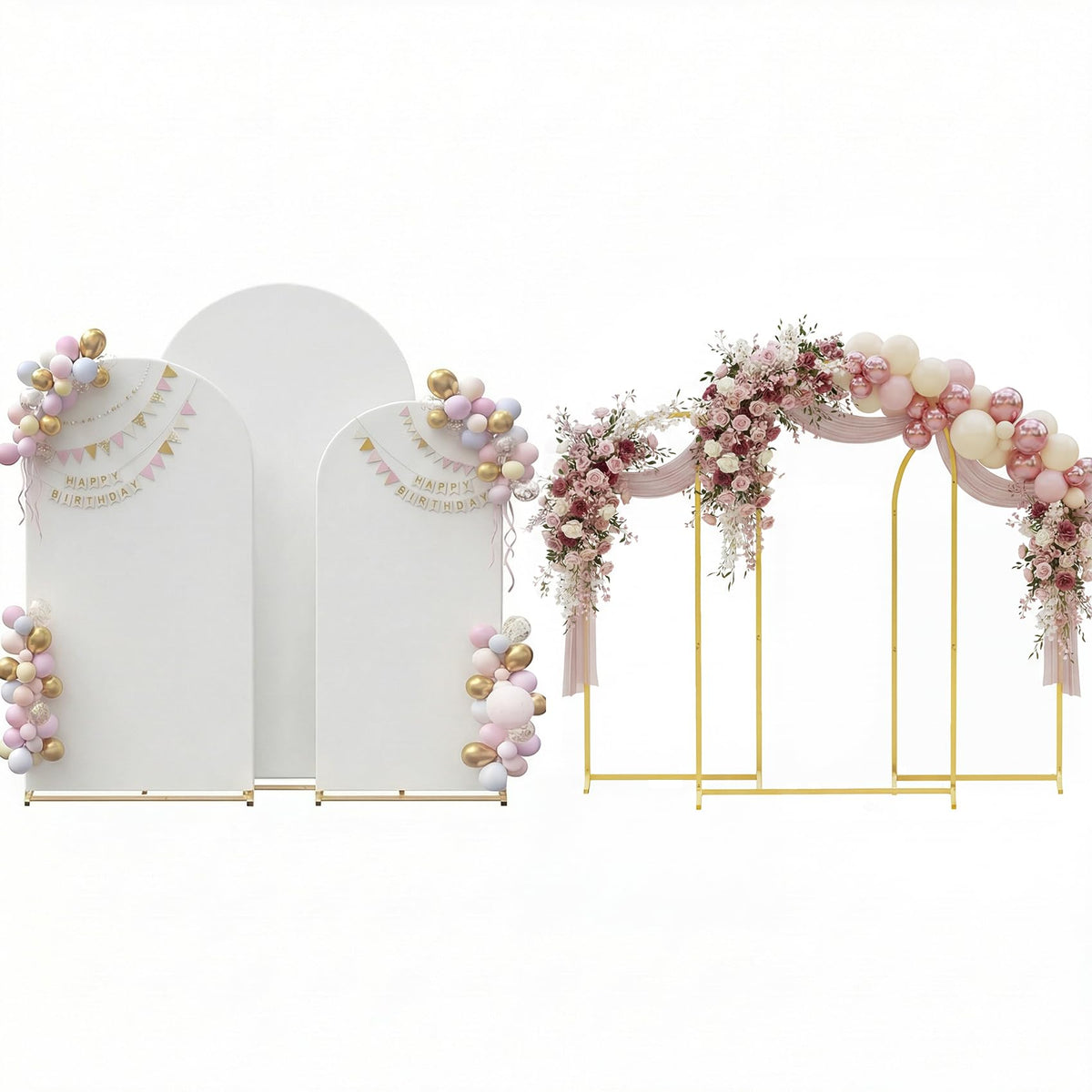 Metal Arch Backdrop Stand Set of 3 with Covers for Party Decor