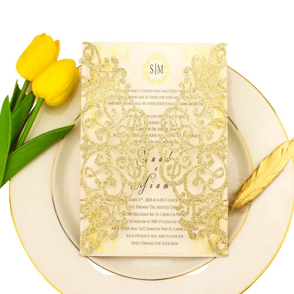 Light Gold Glitter Laser Cut Wedding Invitation Covers 50 Pack