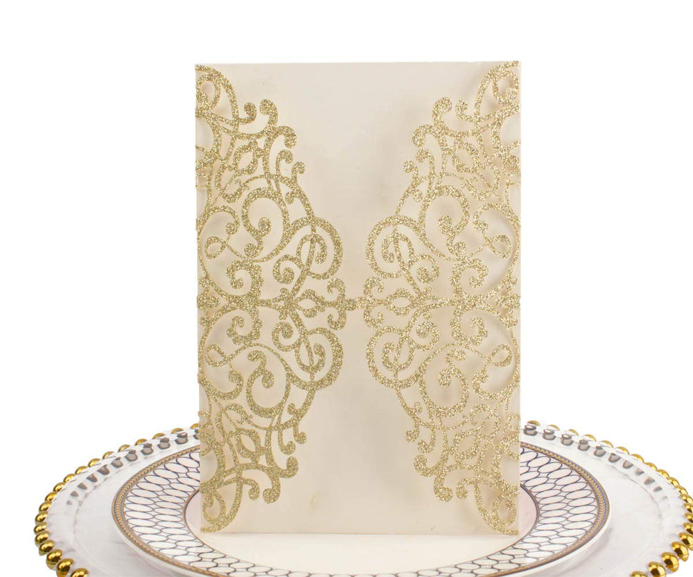 Light Gold Glitter Laser Cut Wedding Invitation Covers 50 Pack