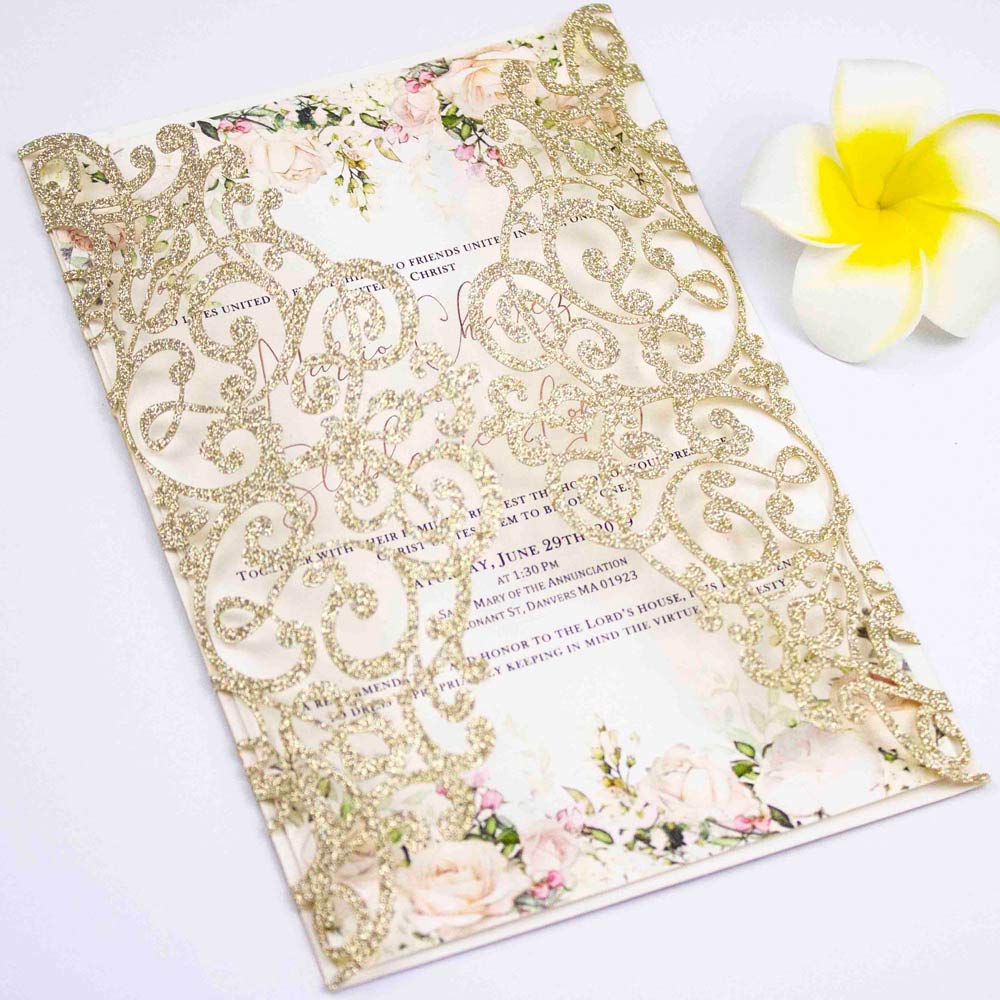 Light Gold Glitter Laser Cut Wedding Invitation Covers 50 Pack