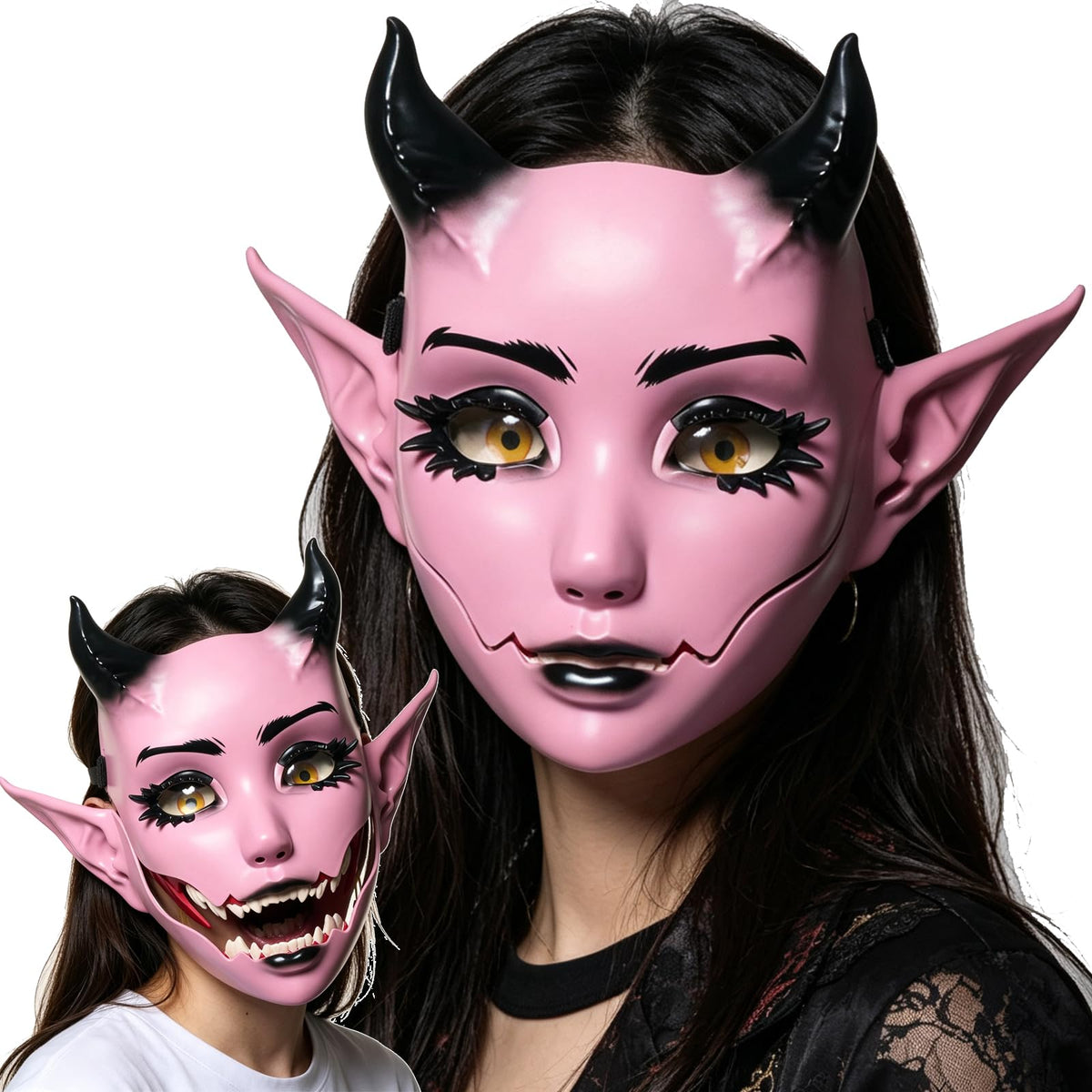 Devil Mask with Movable Jaw Horn Elf Ears for Halloween Cosplay