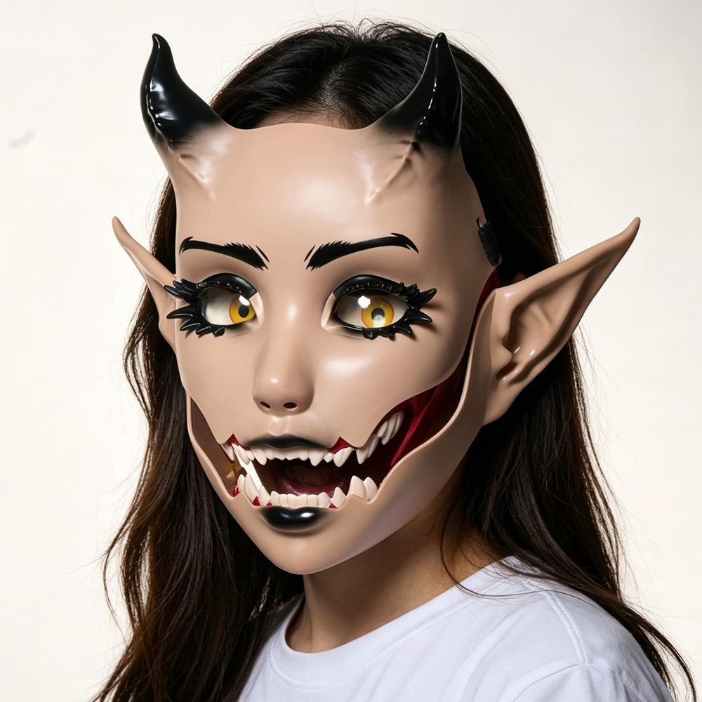 Devil Mask with Movable Jaw Horn Elf Ears for Halloween Cosplay