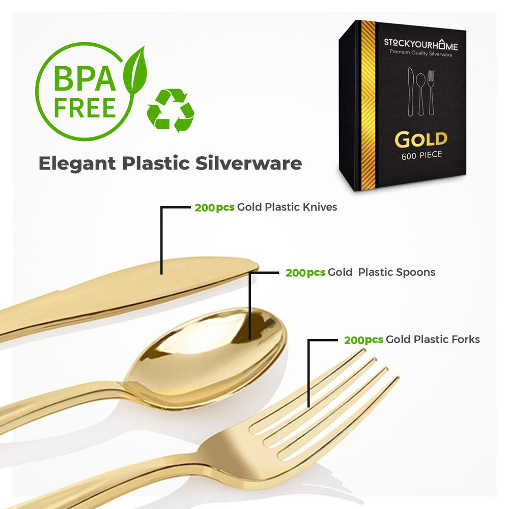 Gold Disposable Plastic Silverware Set 600 Pieces