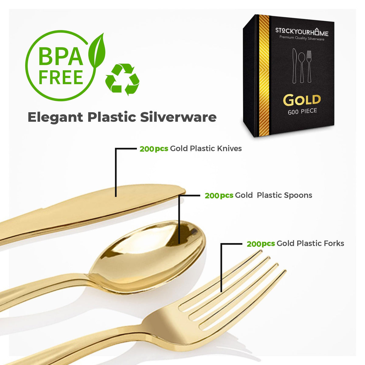 Gold Disposable Plastic Silverware Set 600 Pieces