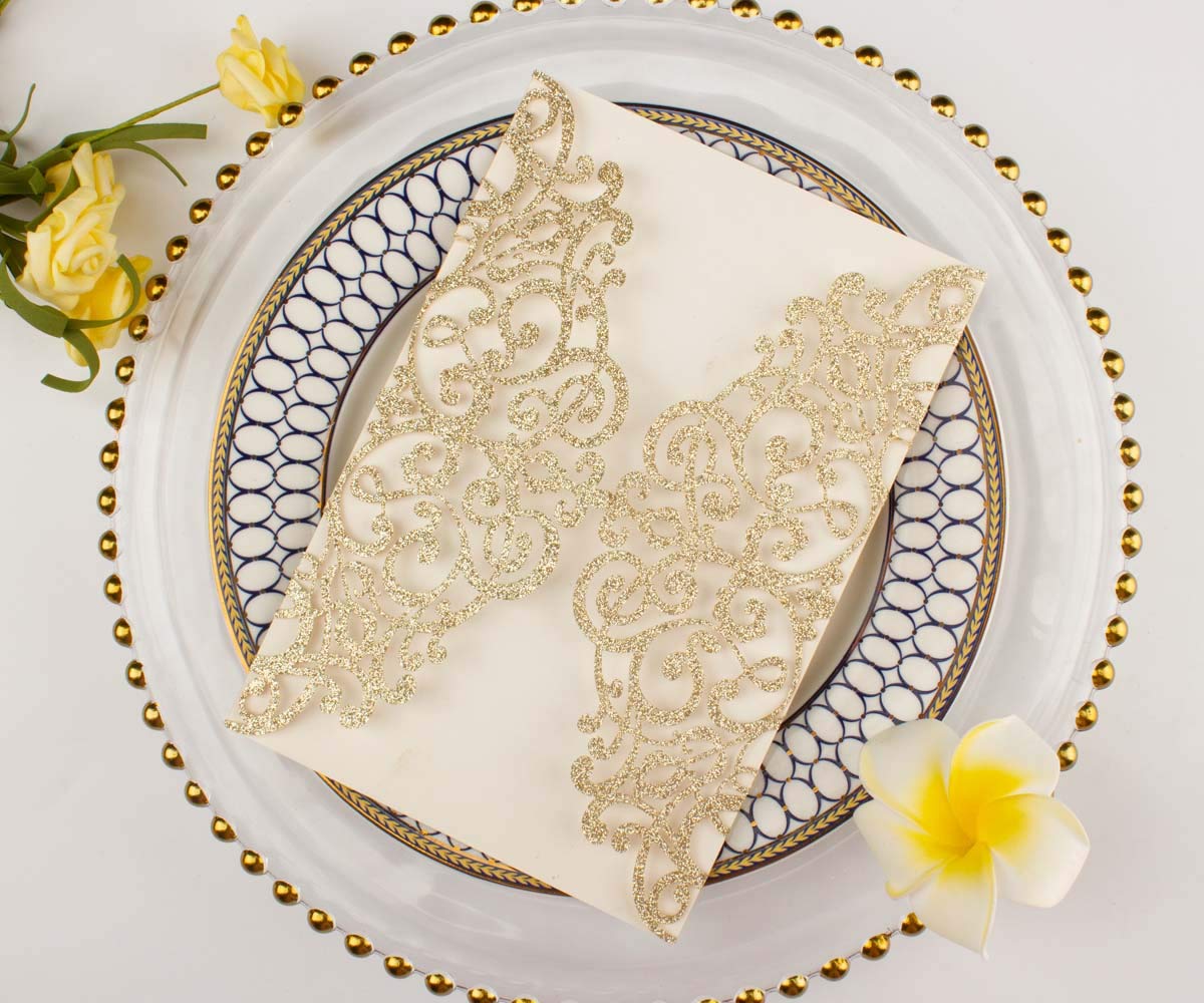 Light Gold Glitter Laser Cut Wedding Invitation Covers 50 Pack