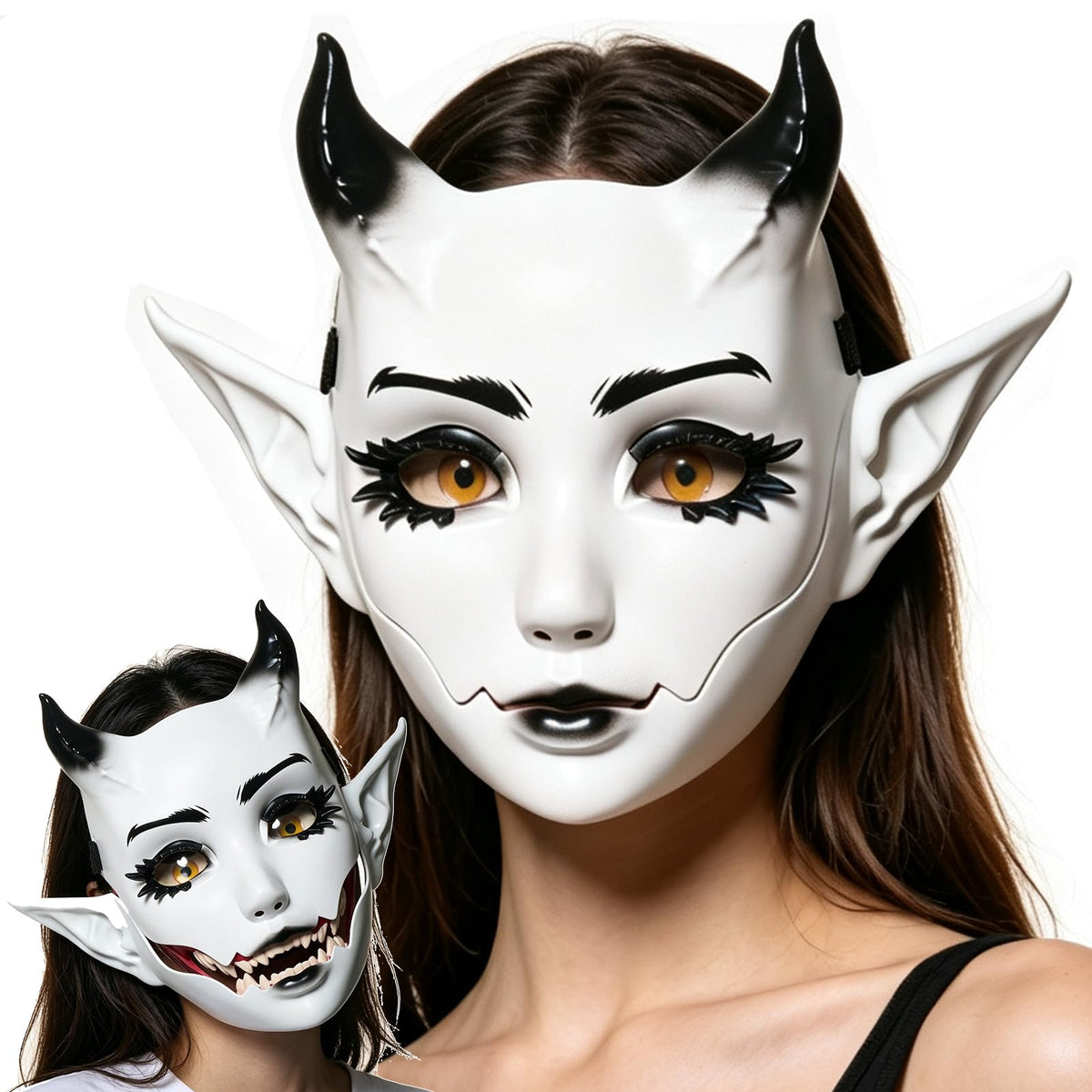 Devil Mask with Movable Jaw Horn Elf Ears for Halloween Cosplay