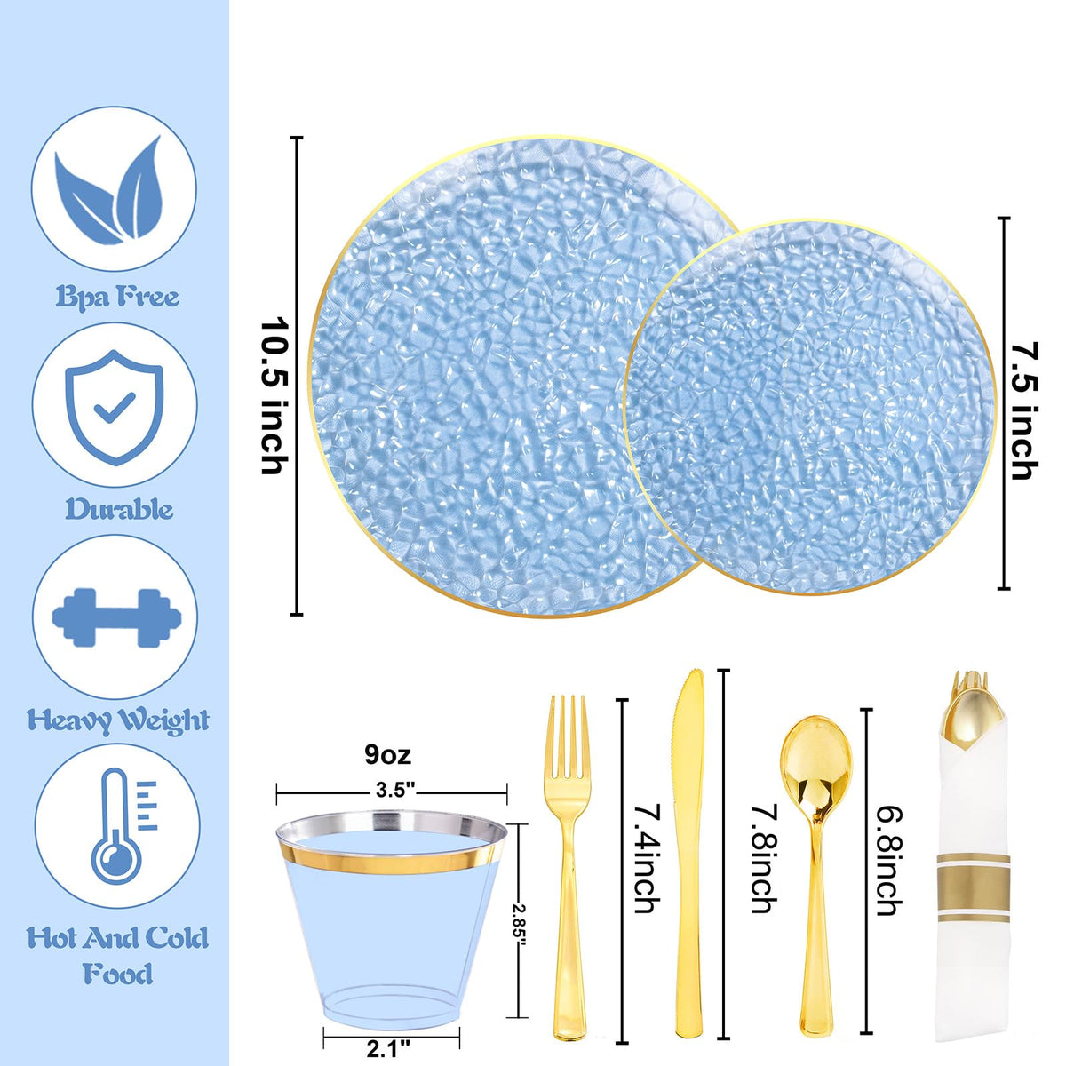 Blue Gold Plastic Dinnerware Set for 100 Party Guests