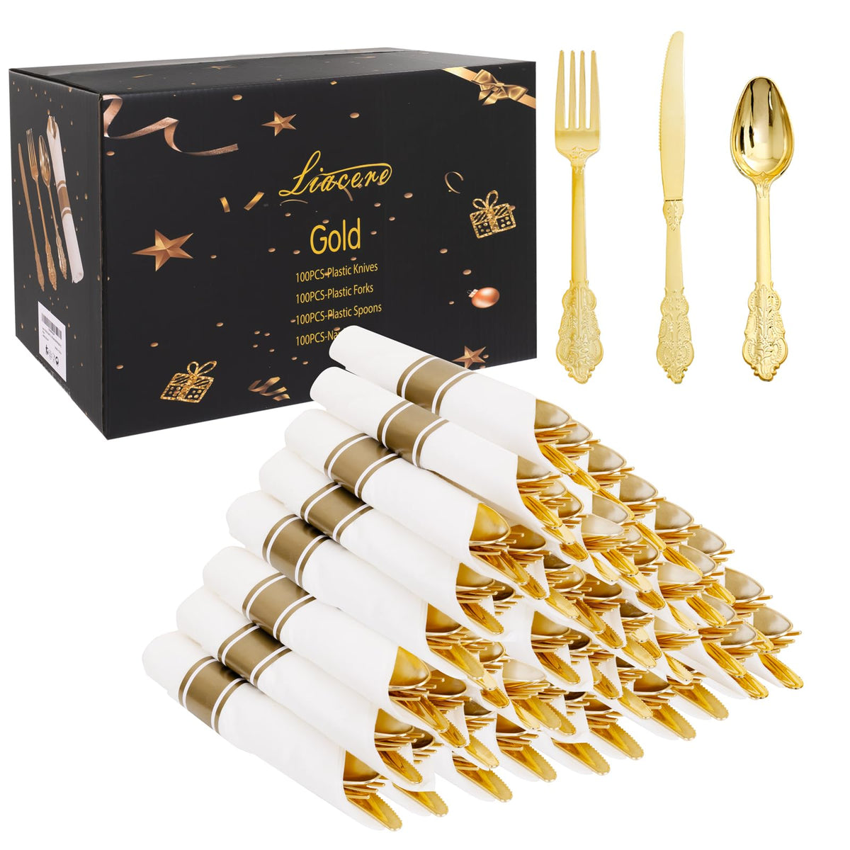 Pre Rolled Silverware and Napkin Set 400 Pieces for Parties