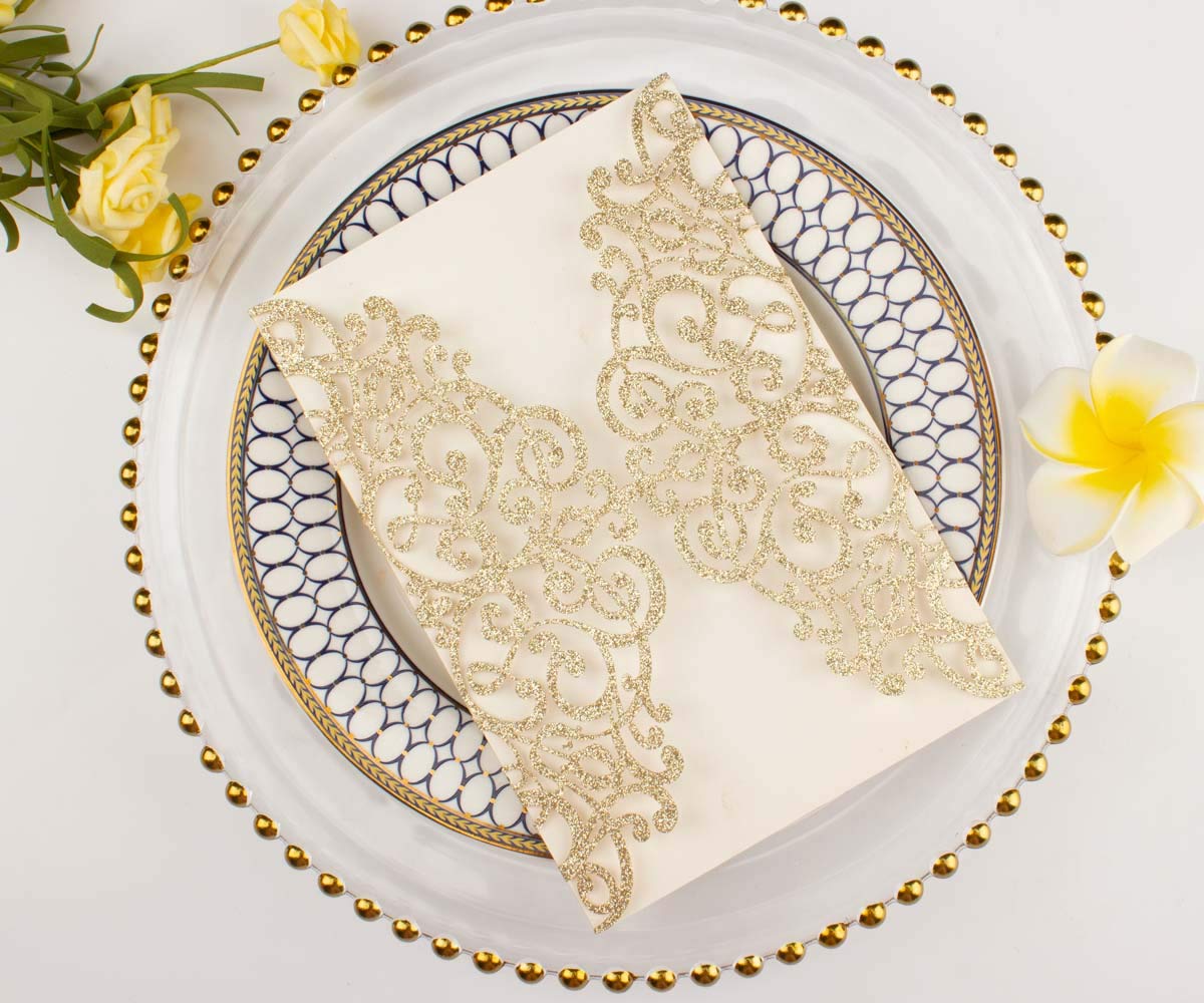 Light Gold Glitter Laser Cut Wedding Invitation Covers 50 Pack