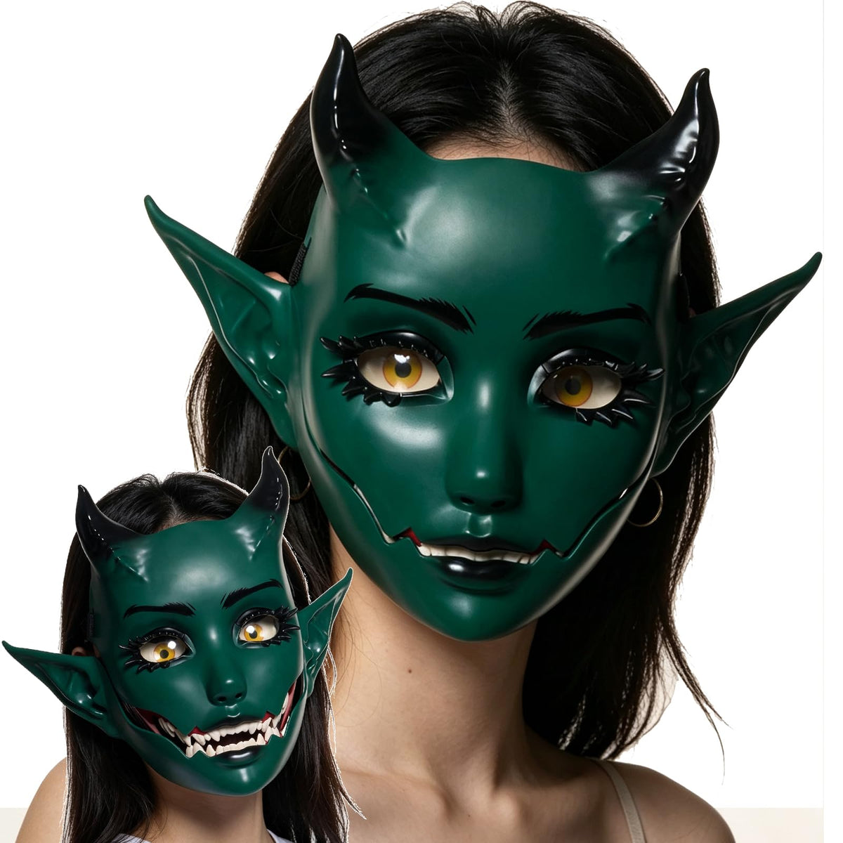 Devil Mask with Movable Jaw Horn Elf Ears for Halloween Cosplay
