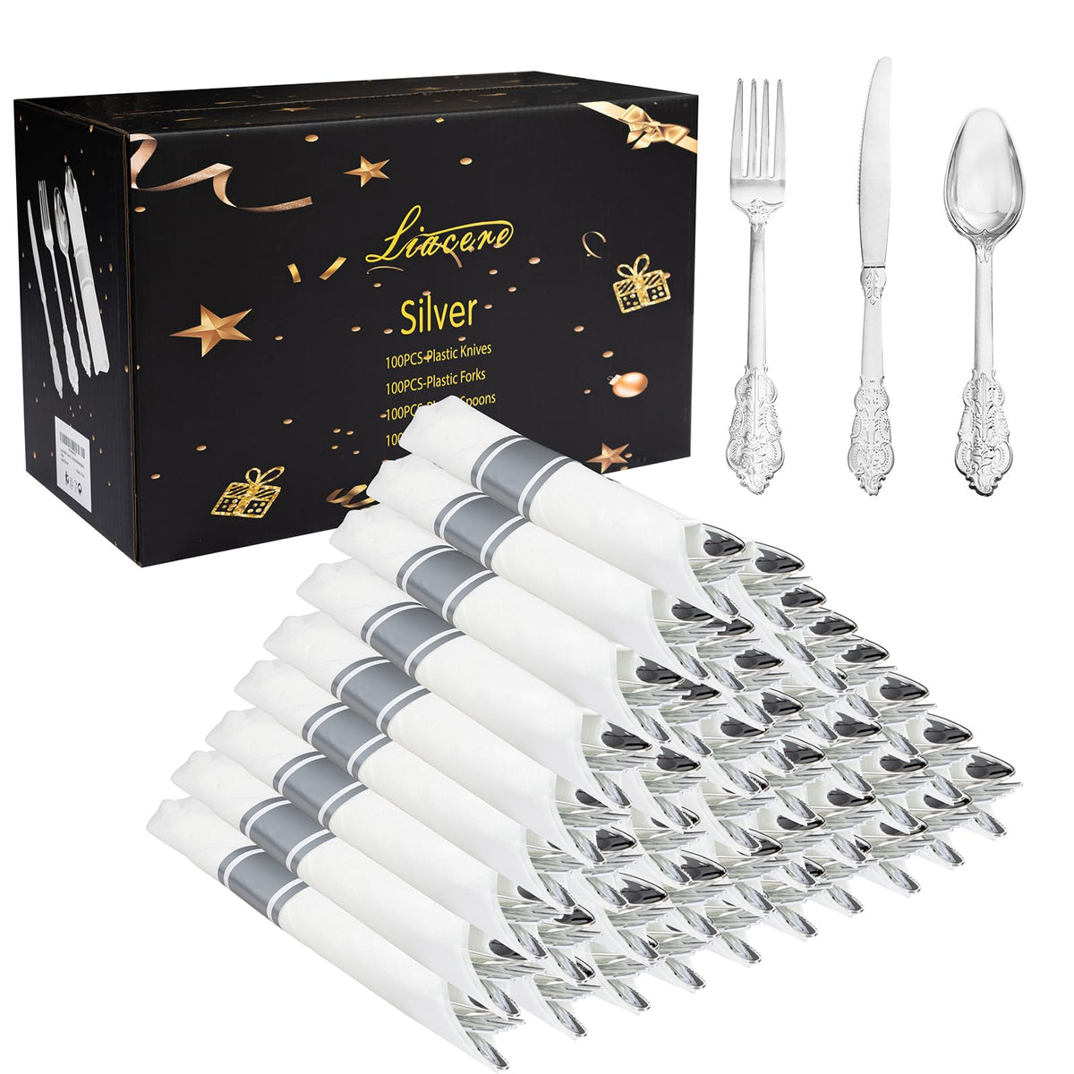 Pre Rolled Silverware and Napkin Set 400 Pieces for Parties