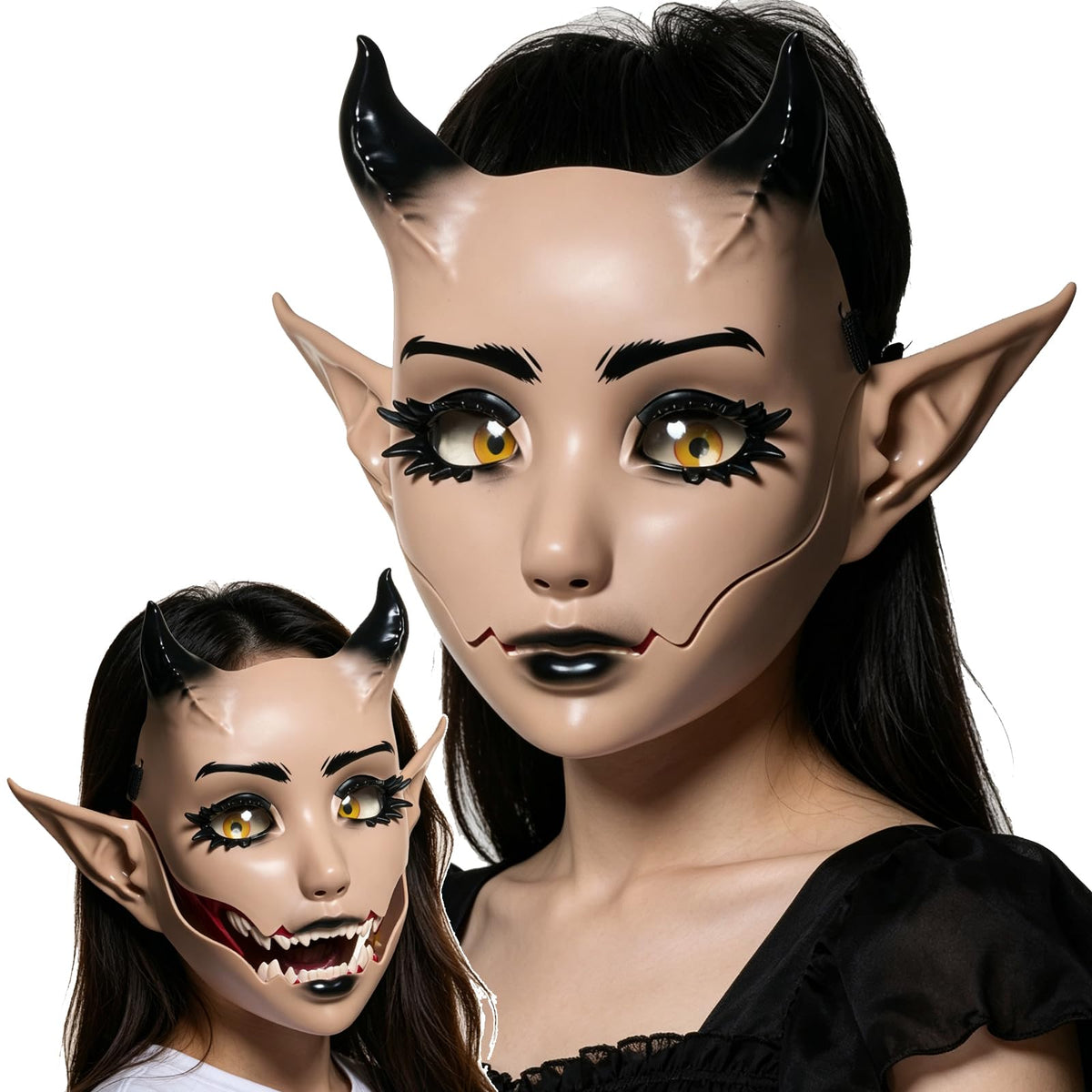 Devil Mask with Movable Jaw Horn Elf Ears for Halloween Cosplay
