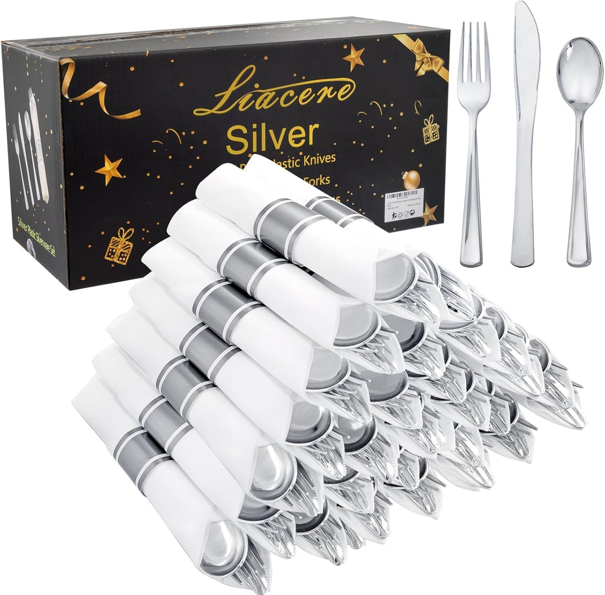 Pre Rolled Silverware and Napkin Set 400 Pieces for Parties