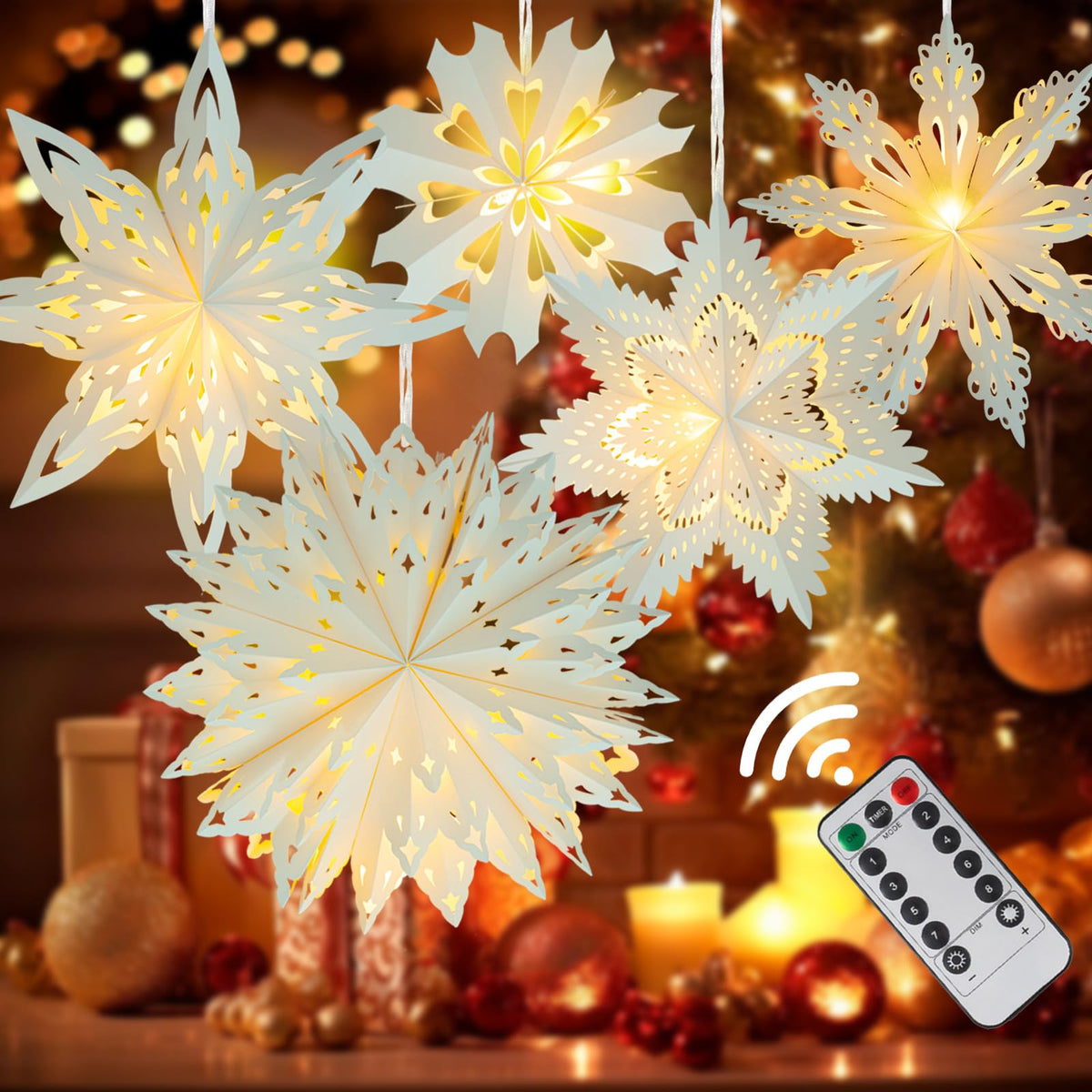 Christmas Paper Snowflake Star Lanterns with LED Lights