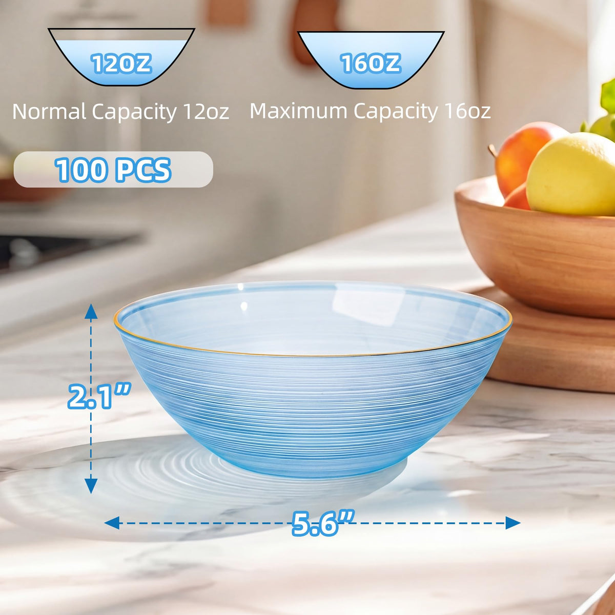 Transparent Blue Gold Plastic Bowls 16 oz 100 Pack