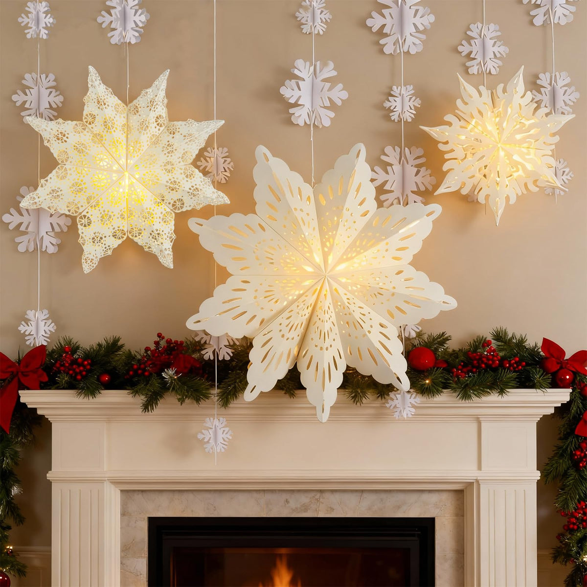 Christmas Paper Snowflake Star Lanterns with LED Lights