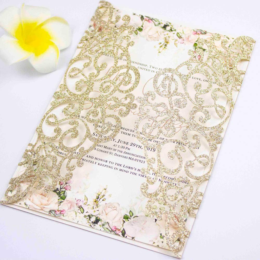 Light Gold Glitter Laser Cut Wedding Invitation Covers 50 Pack