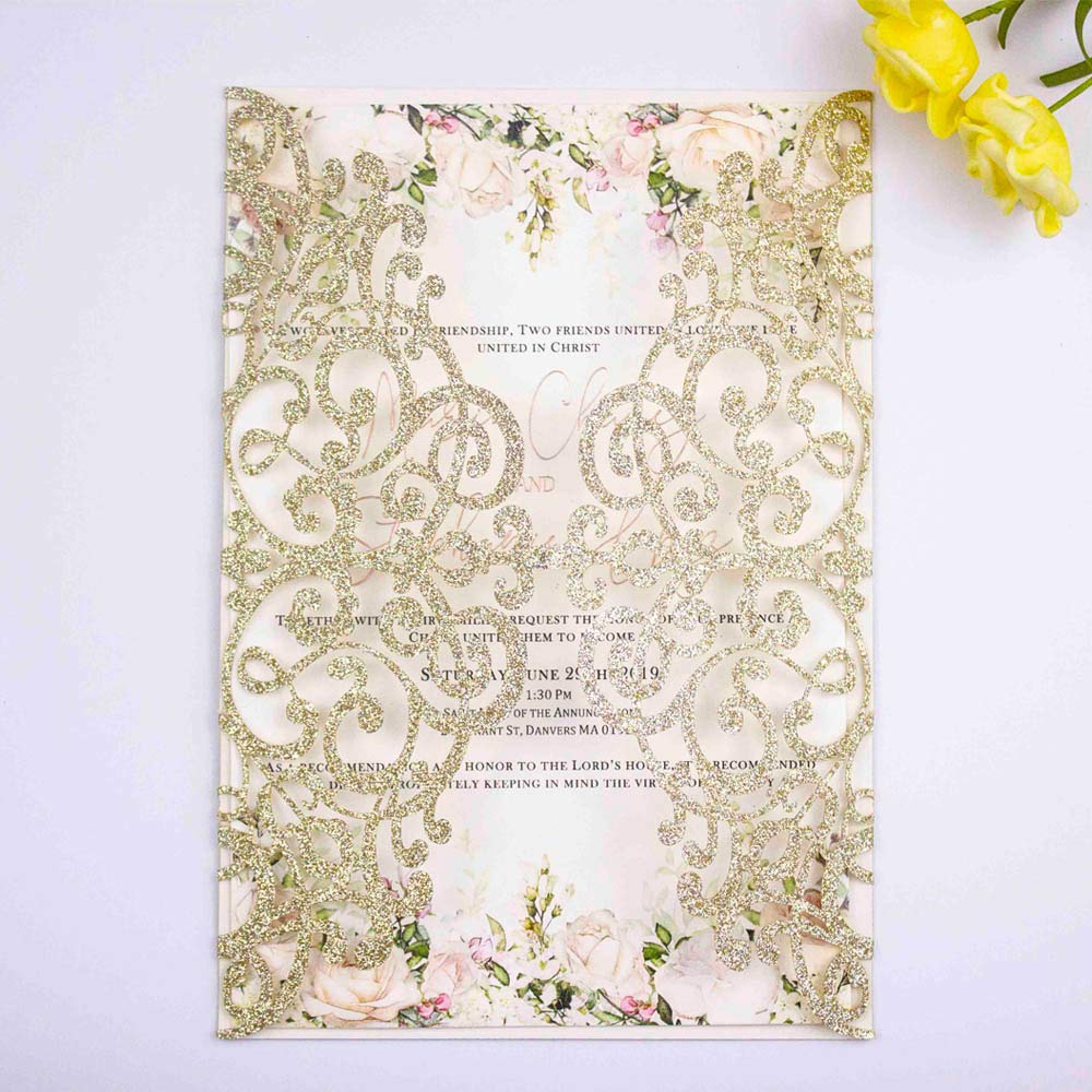 Light Gold Glitter Laser Cut Wedding Invitation Covers 50 Pack