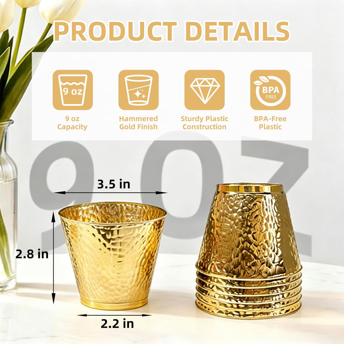 Hammered Disposable Plastic Cups 9 oz for Weddings and Parties