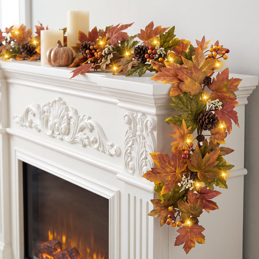 Fall Maple Leaf Garland with Pine Cones Berries and Warm Lights