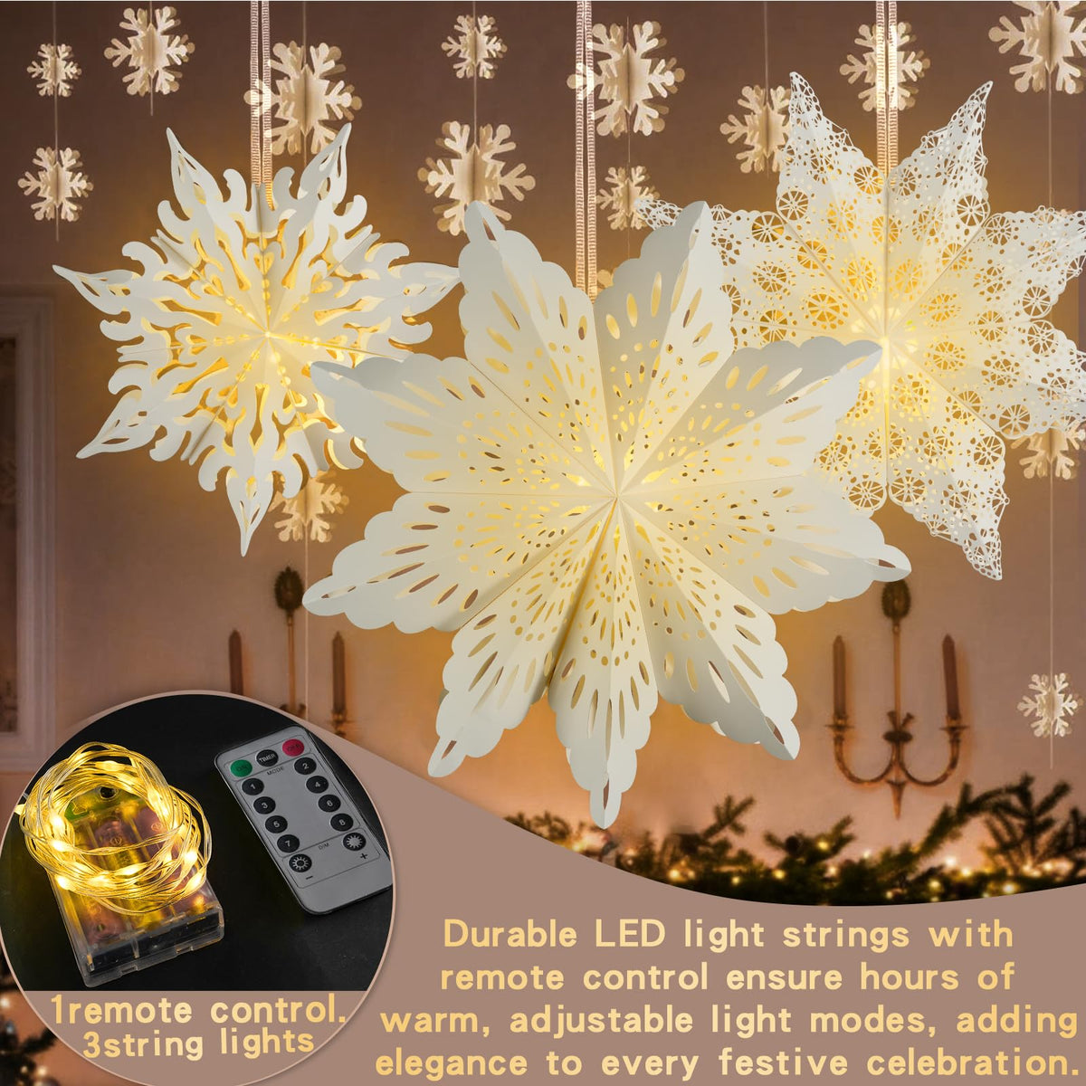 Christmas Paper Snowflake Star Lanterns with LED Lights