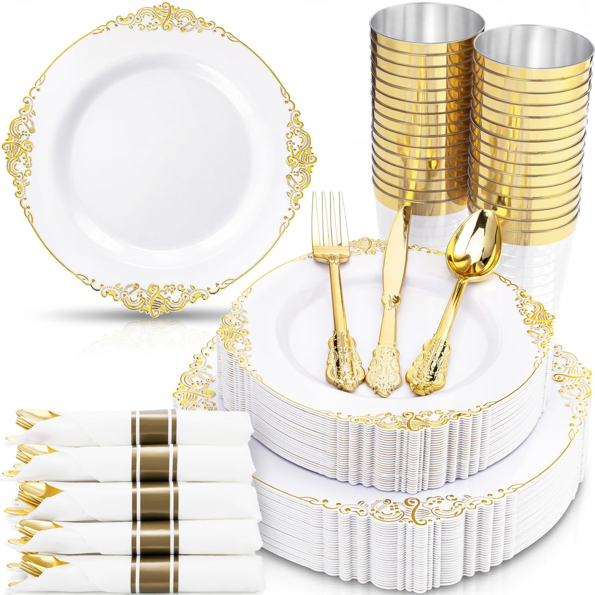 Gold Disposable Dinnerware Set for 50 Party Guests