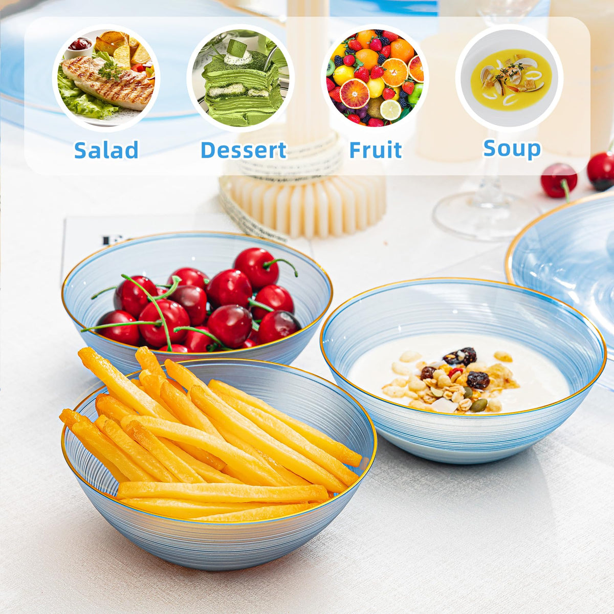 Transparent Blue Gold Plastic Bowls 16 oz 100 Pack