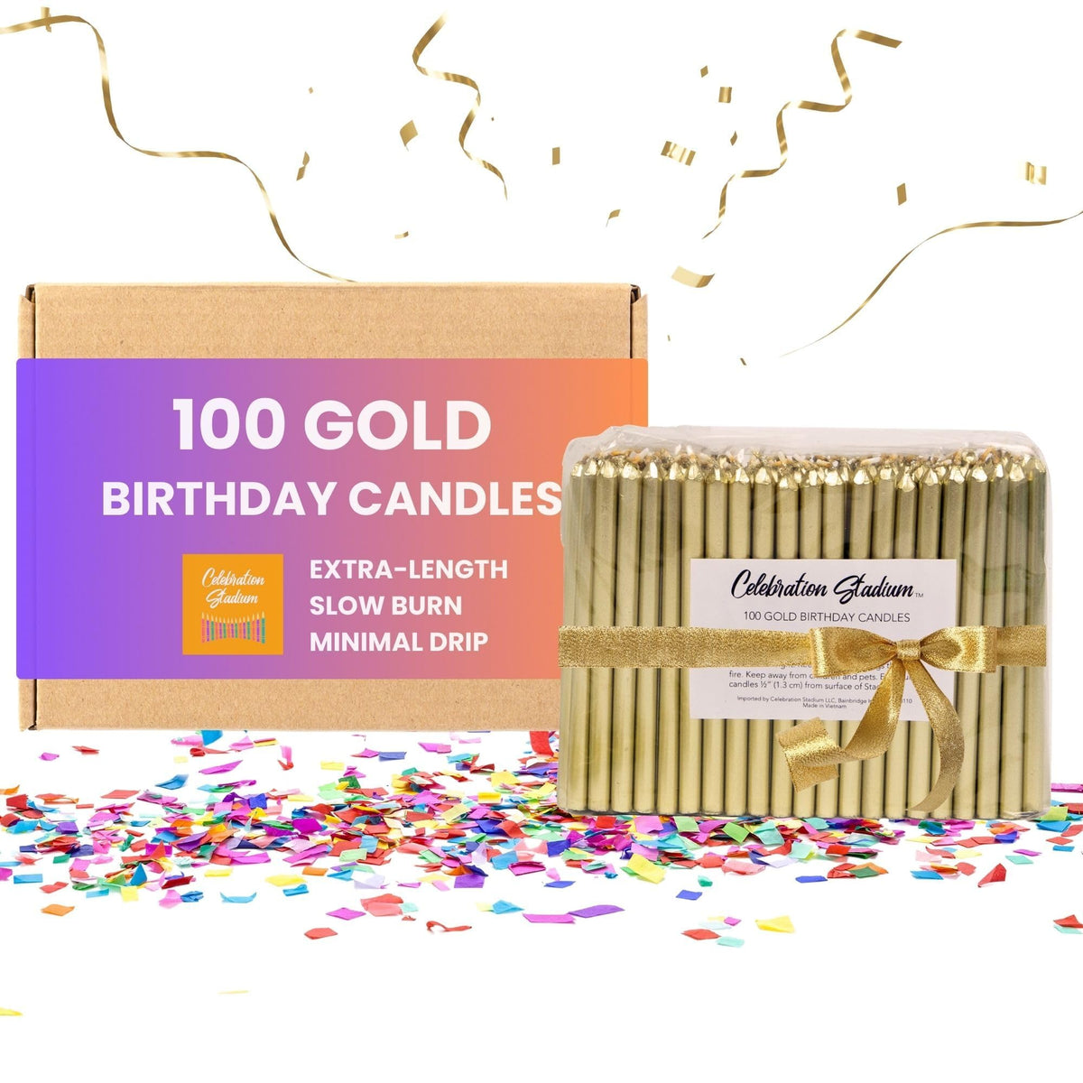 Tall Gold Birthday Candles 100 Pack for Cakes and Celebrations