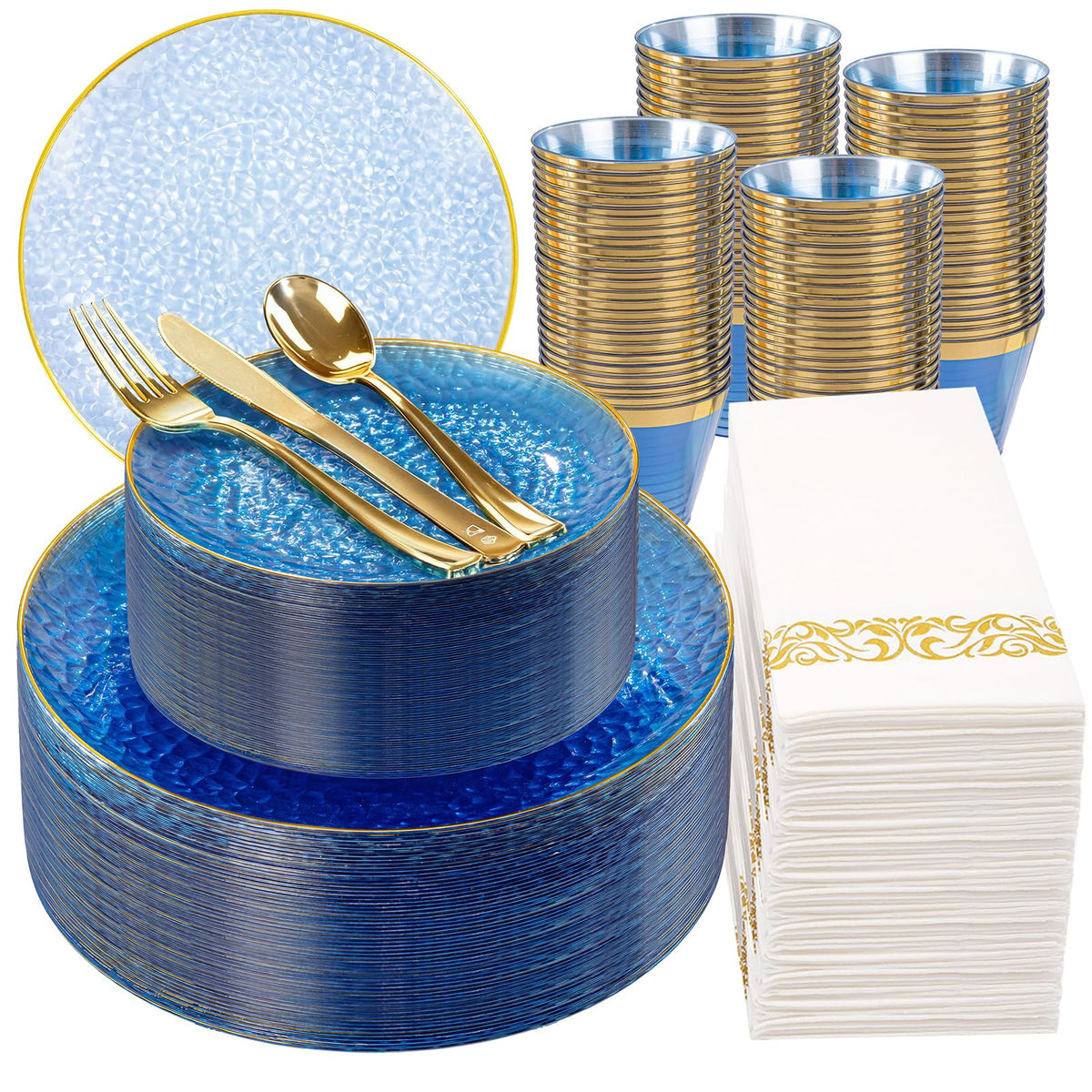 Blue Gold Plastic Dinnerware Set for 100 Party Guests