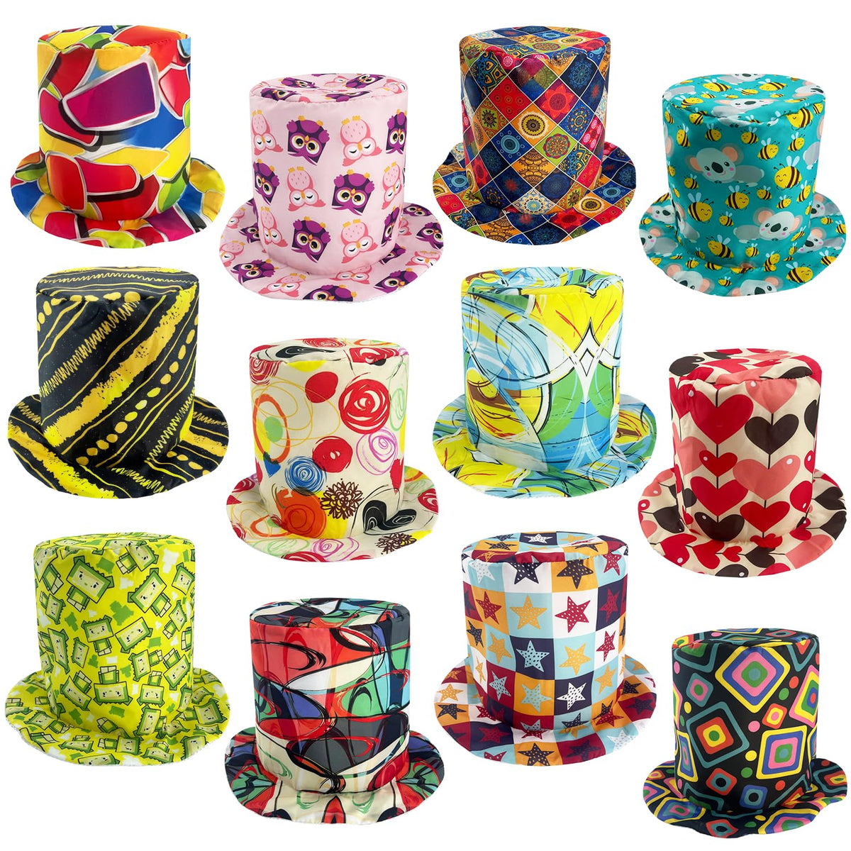 Assorted Funny Party Top Hats 12 Pack for Adults and Teens