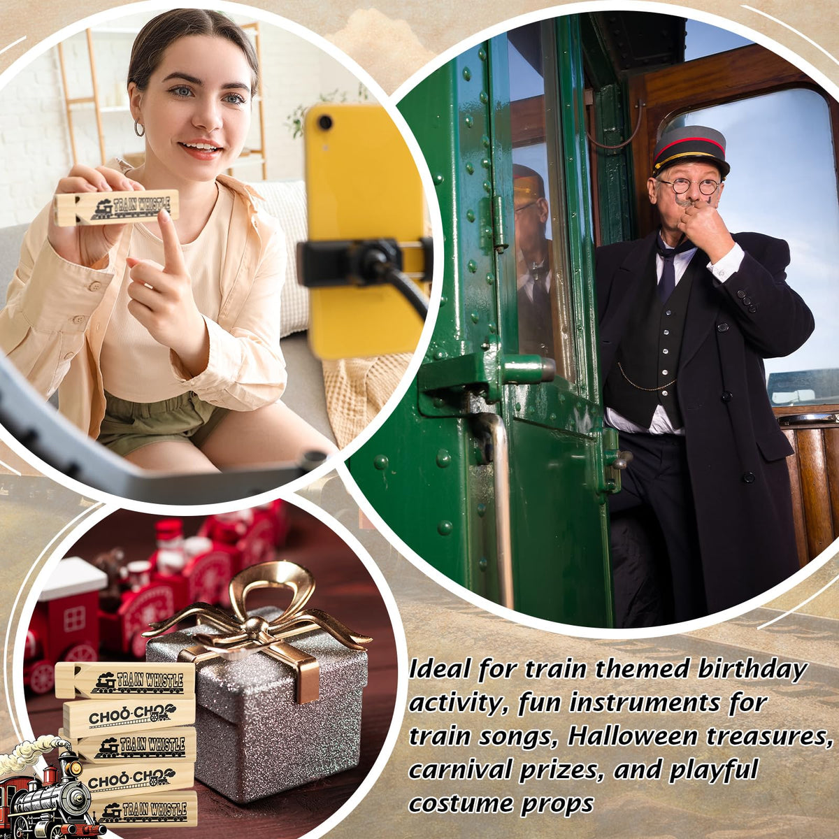 Wooden Train Whistles for Party Favors and Kids Toys