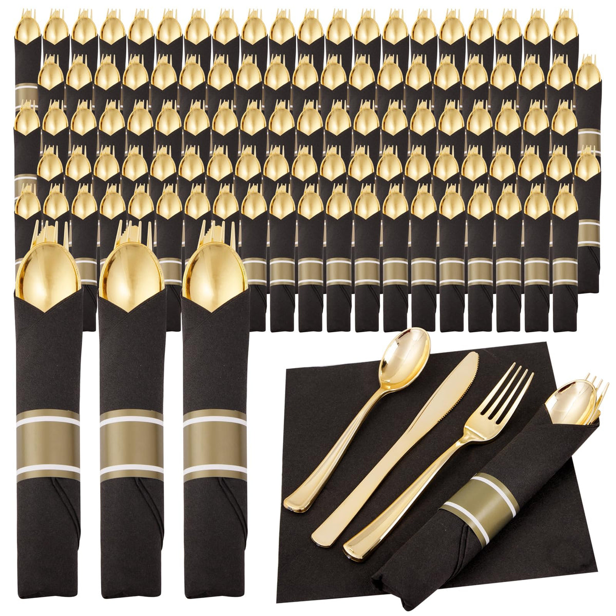 Black Gold Pre Rolled Plastic Silverware Set 120 Pack