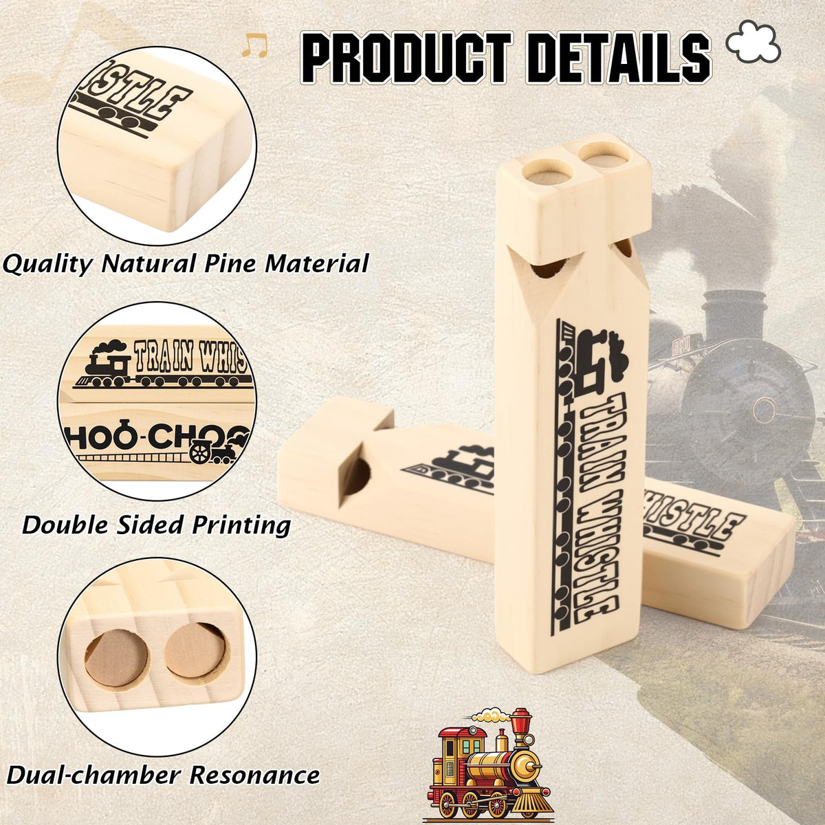 Wooden Train Whistles for Party Favors and Kids Toys
