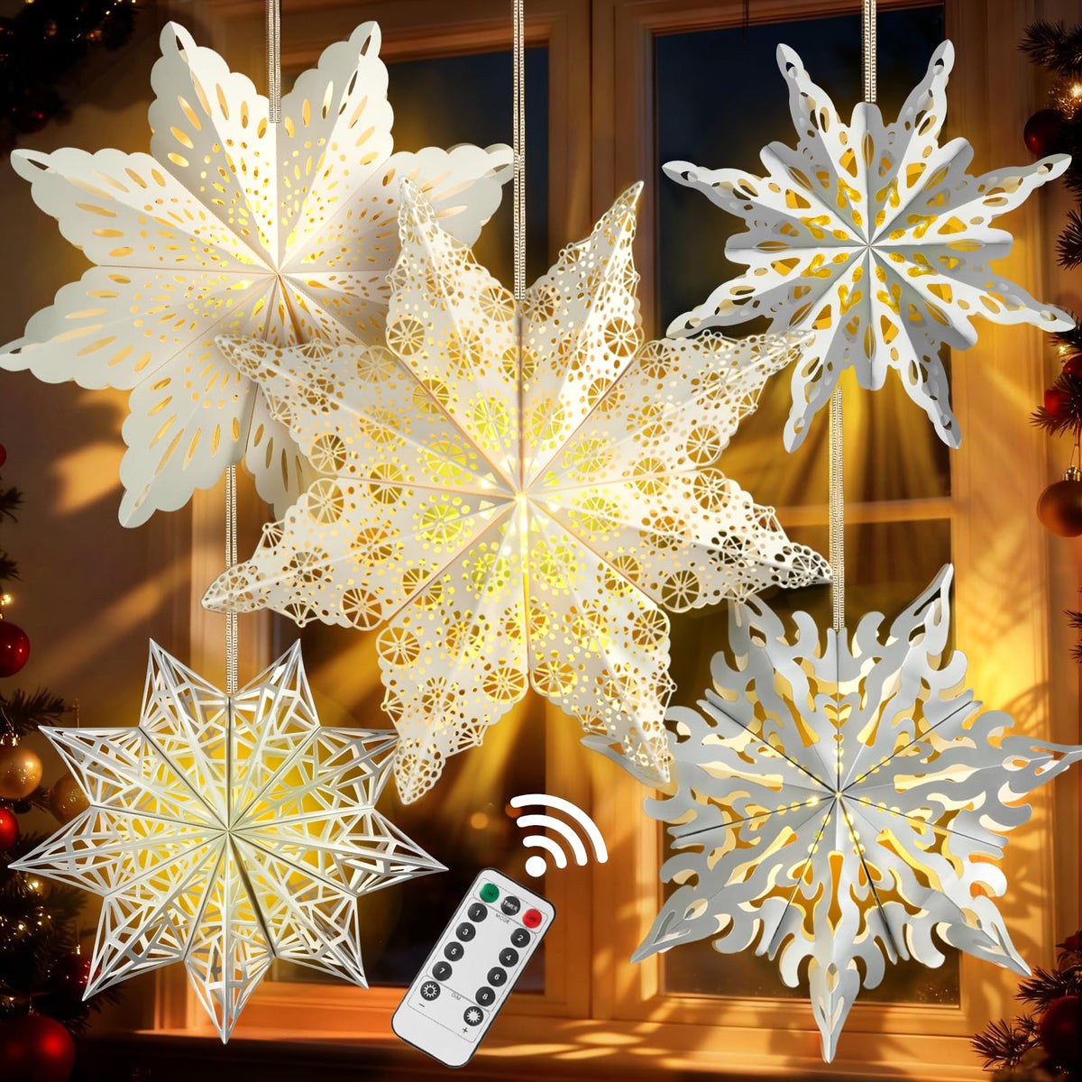 Christmas Paper Snowflake Star Lanterns with LED Lights