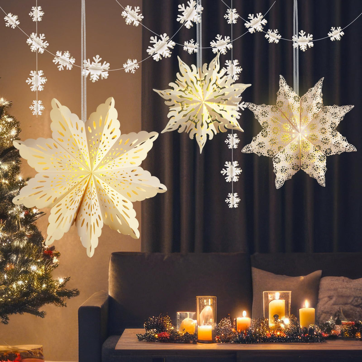 Christmas Paper Snowflake Star Lanterns with LED Lights