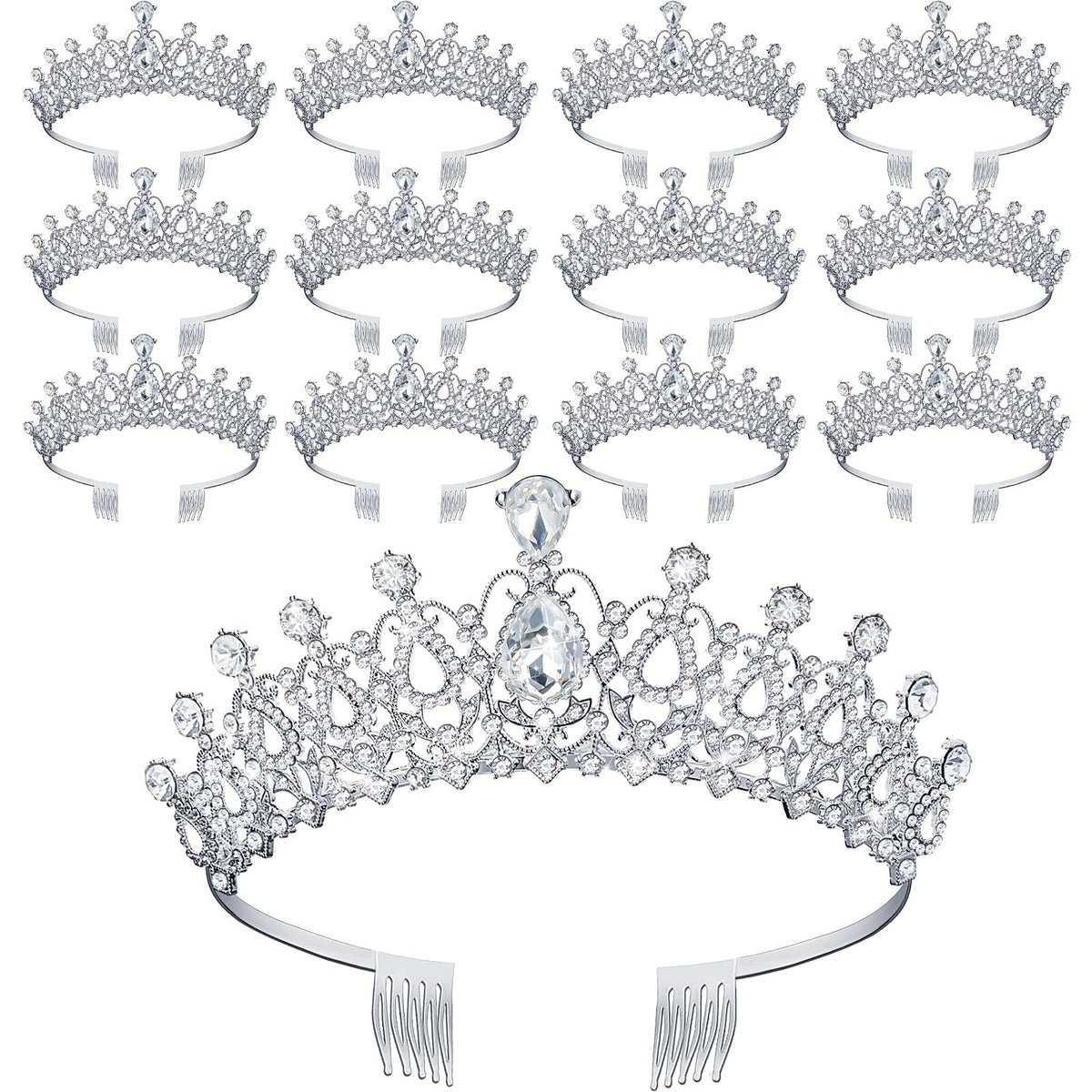 Crystal Princess Tiara Crowns with Combs 12 Piece Set