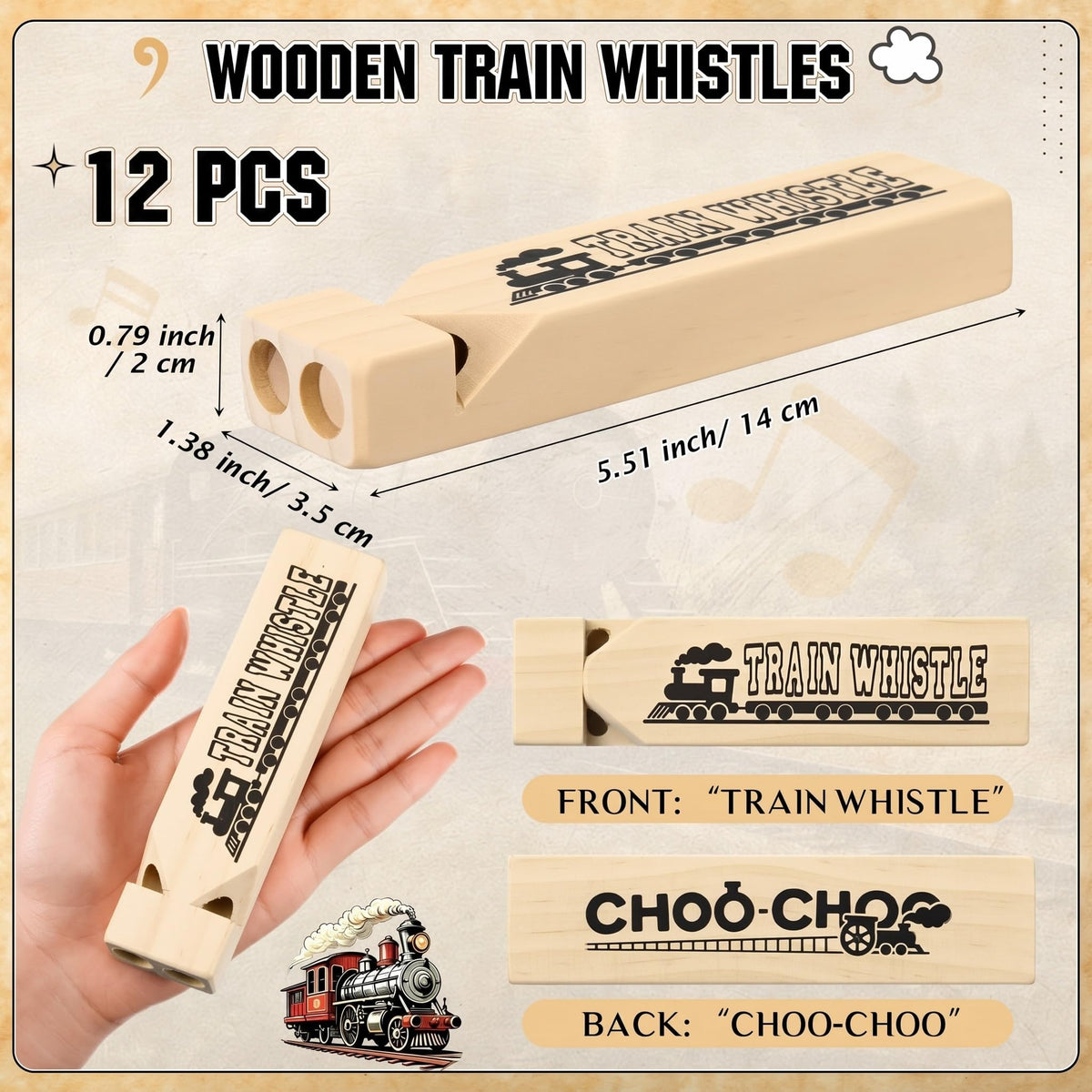 Wooden Train Whistles for Party Favors and Kids Toys