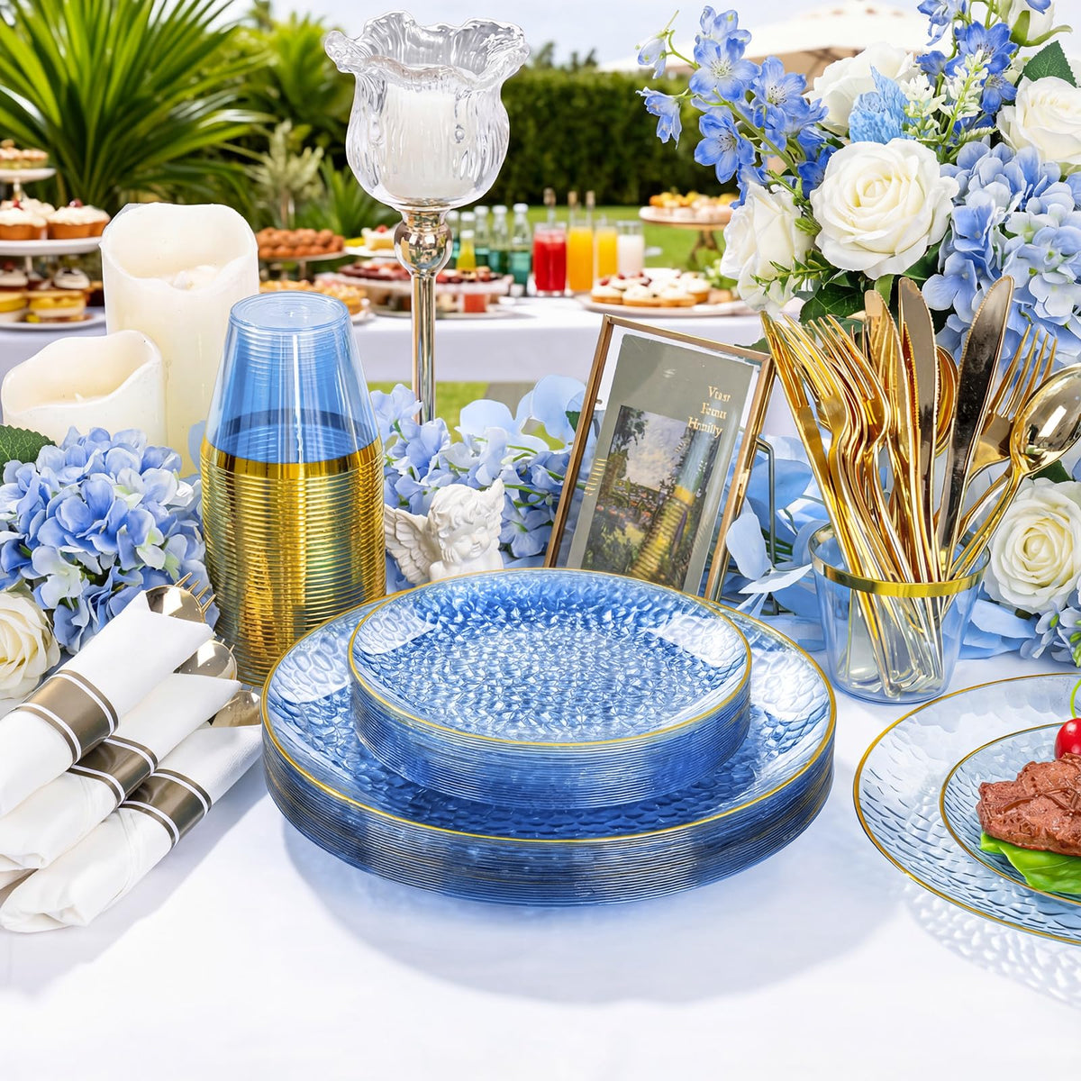 Blue Gold Plastic Dinnerware Set for 100 Party Guests