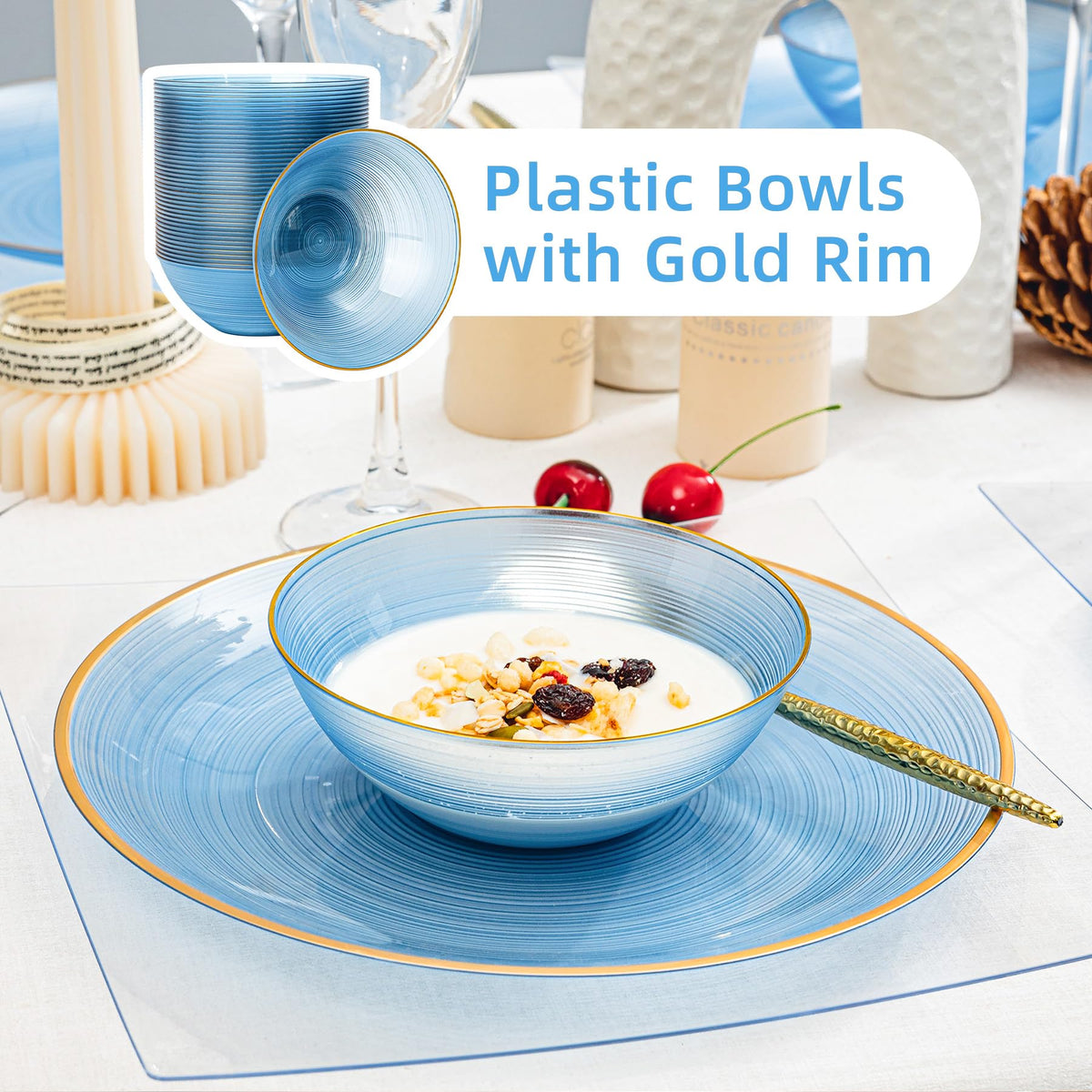 Transparent Blue Gold Plastic Bowls 16 oz 100 Pack