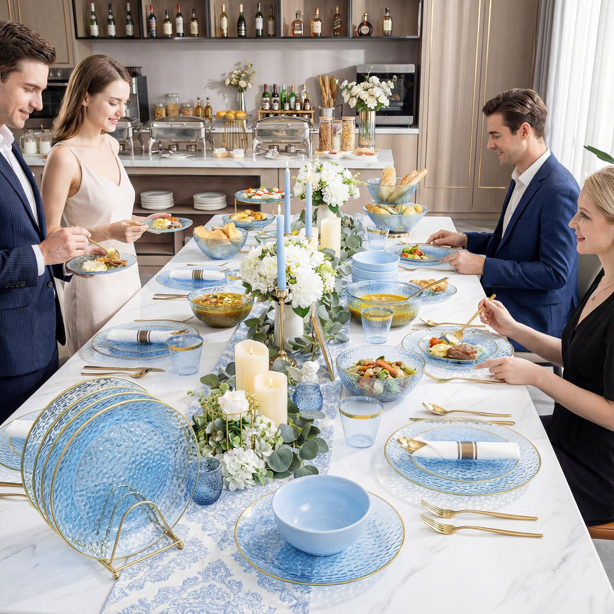 Blue Gold Plastic Dinnerware Set for 100 Party Guests
