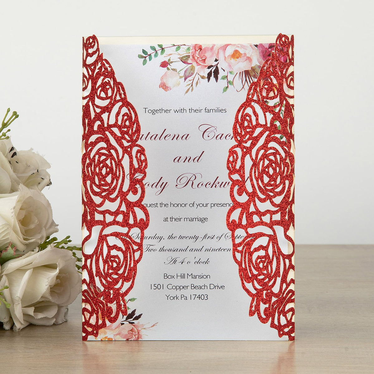 Glitter Laser Cut Wedding Invitations 50 Pack with RSVP Cards