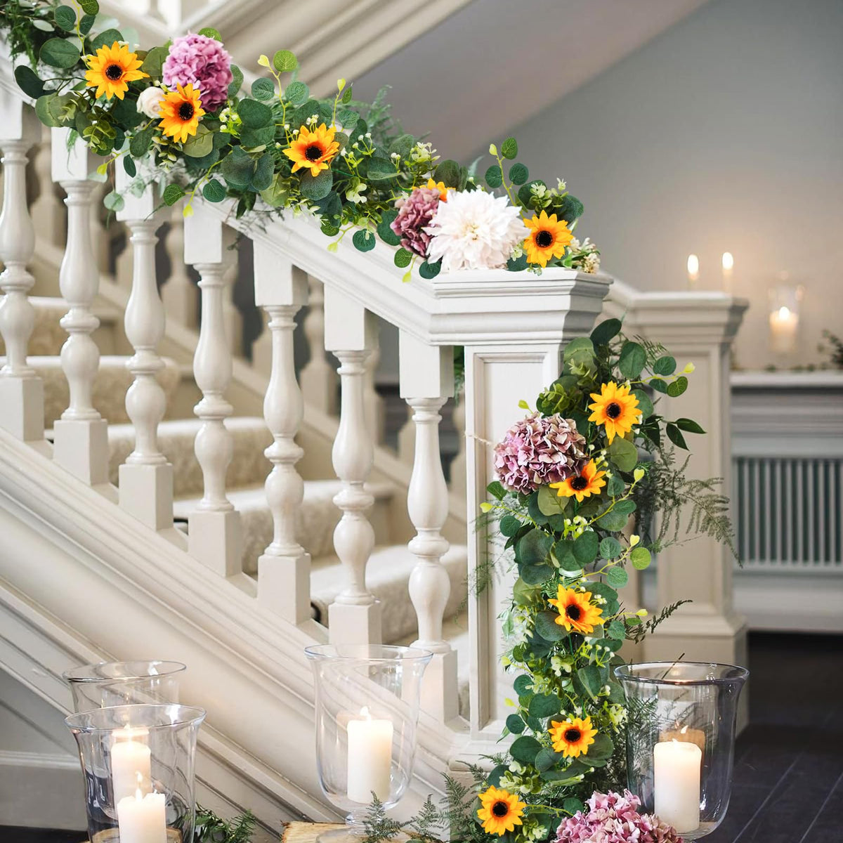 Artificial Sunflower Garland with Green Leaves for Party Decor