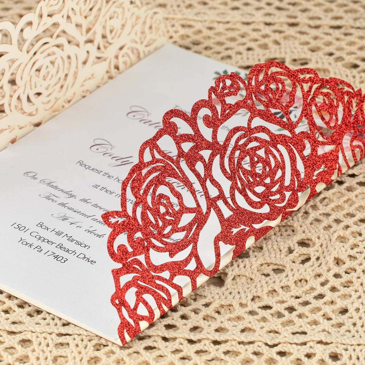 Glitter Laser Cut Wedding Invitations 50 Pack with RSVP Cards