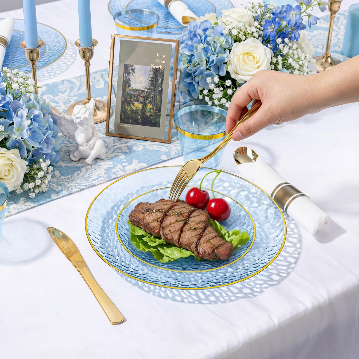 Blue Gold Plastic Dinnerware Set for 100 Party Guests