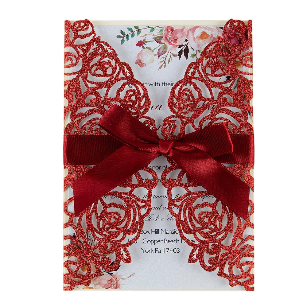 Glitter Laser Cut Wedding Invitations 50 Pack with RSVP Cards