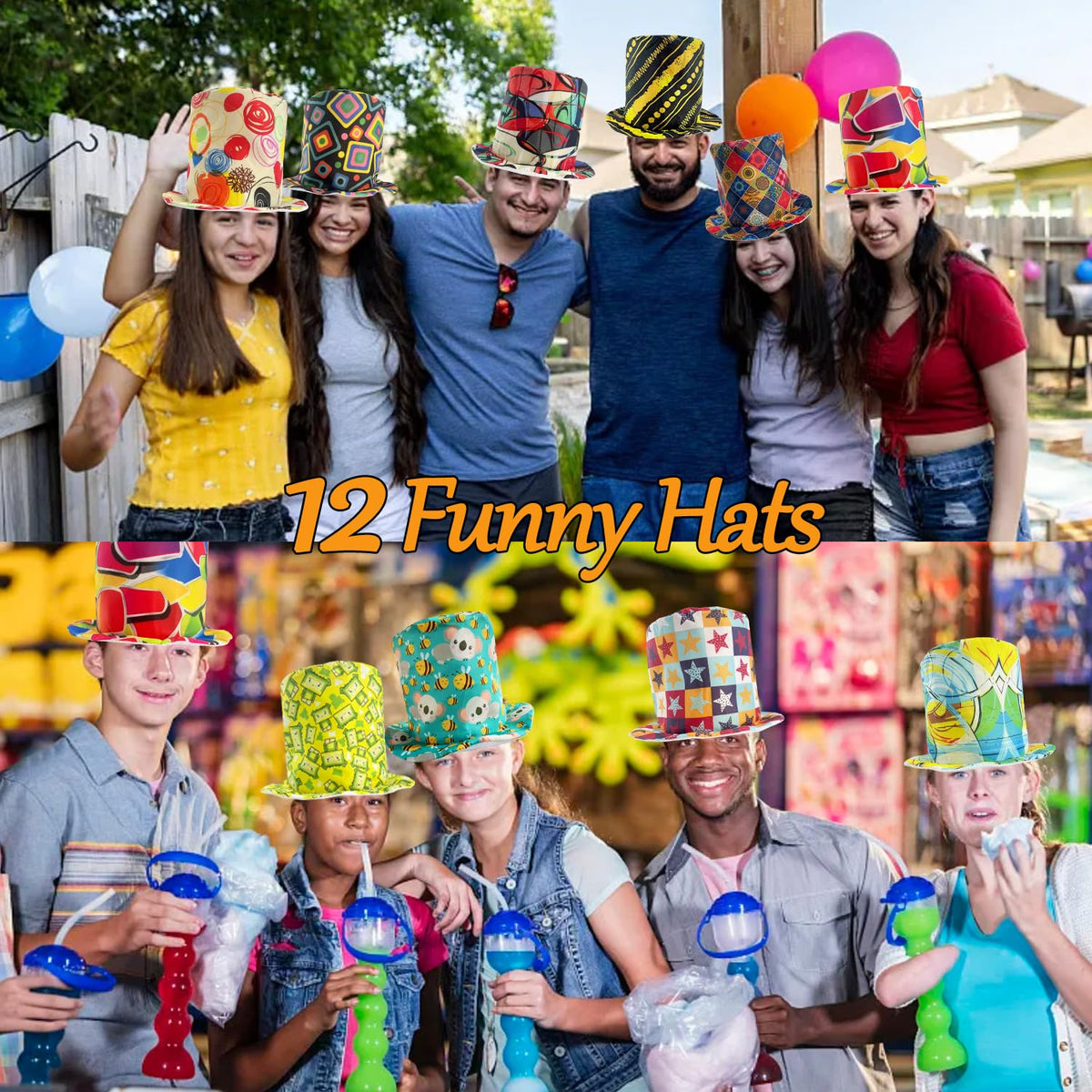 Assorted Funny Party Top Hats 12 Pack for Adults and Teens