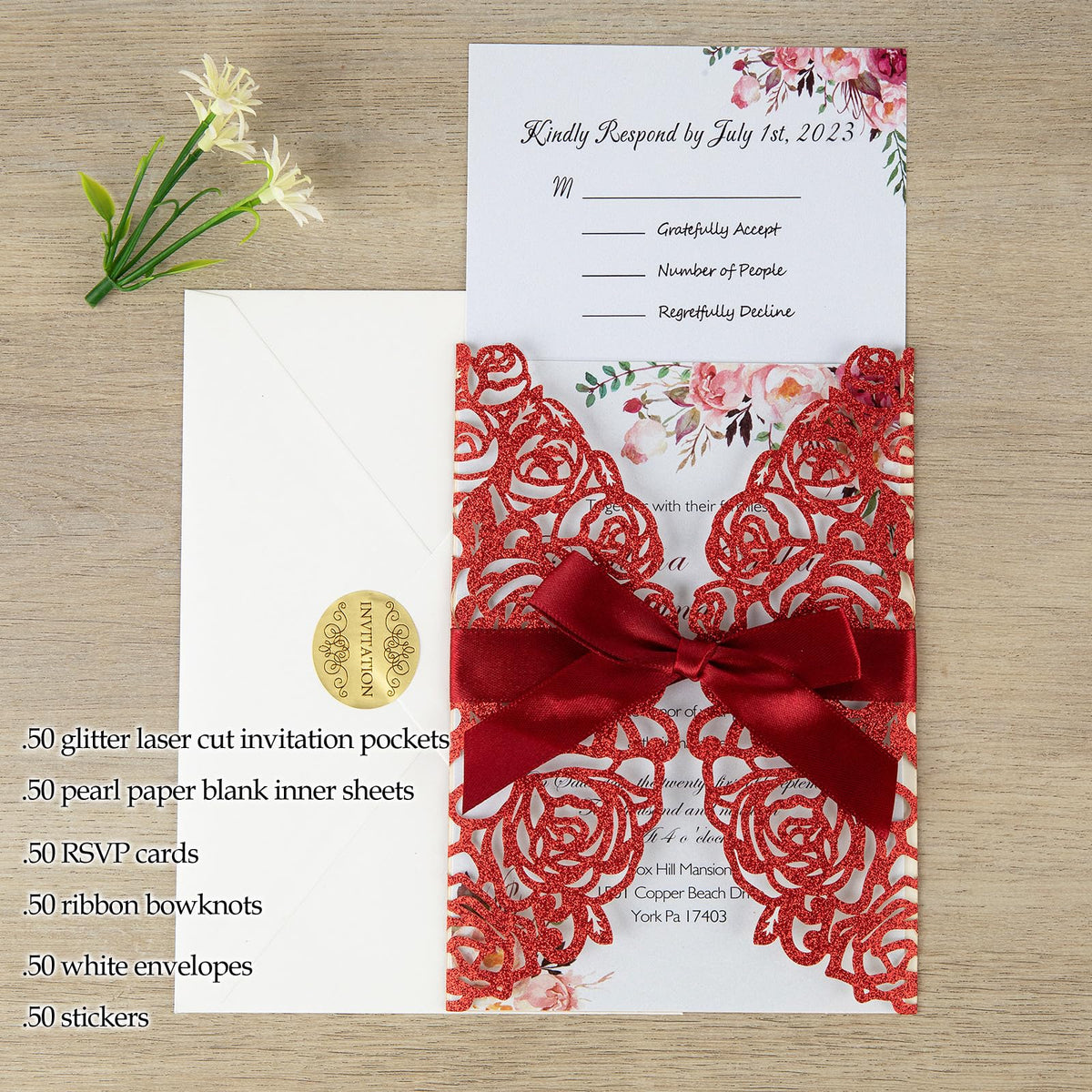 Glitter Laser Cut Wedding Invitations 50 Pack with RSVP Cards