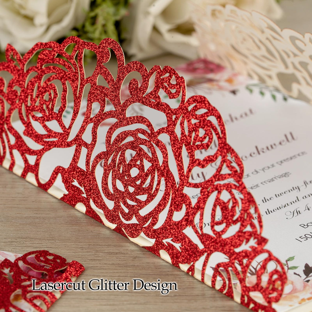 Glitter Laser Cut Wedding Invitations 50 Pack with RSVP Cards